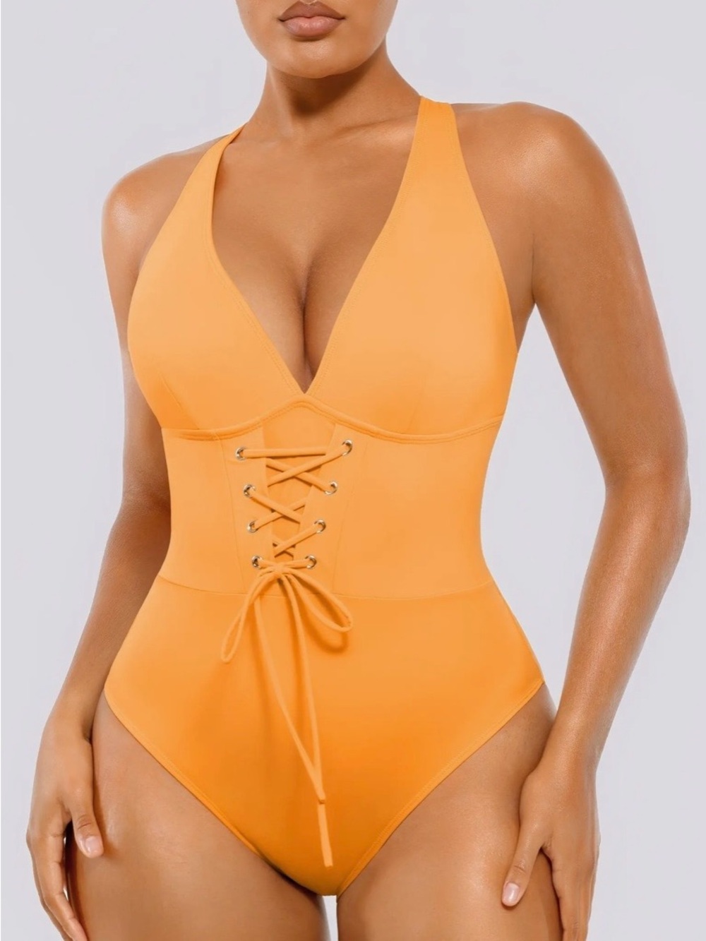 Shapellx Smart Sculpt Plunge Lace Up Front Corset Shaping Swimsuit Orange Large